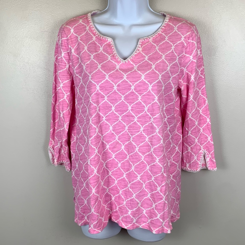 Talbots Tunic Top Womens Small Pink‎ Cotton Linen Blend Trellis Pattern Bohemian